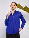 Women Royal Blue Poplin Pearl Studded Shirt