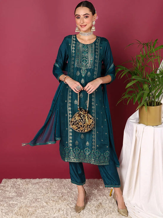 Ahika Women Teal Silk Blend Woven Design Straight Kurta Pant Set With Dupatta