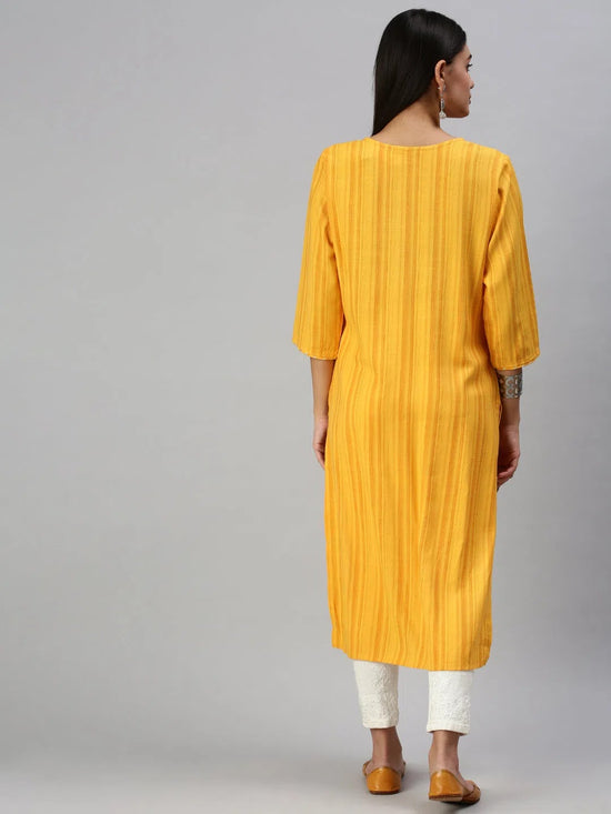 Women's Yellow Striped Straight Kurta-HO386-Yellow