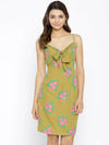 Front Tie Knot Rose print Mini Dress in Olive Color