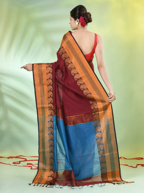 Dark Red Cotton Saree With Zari Borders-MA66BCT43620062