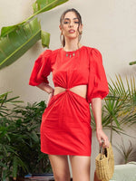 Women Red Poplin Side Cut-Out Short Dress