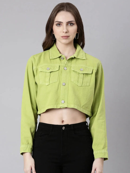 Women Lime Green Solid Denim Jacket-GZ-5600-Limegreen