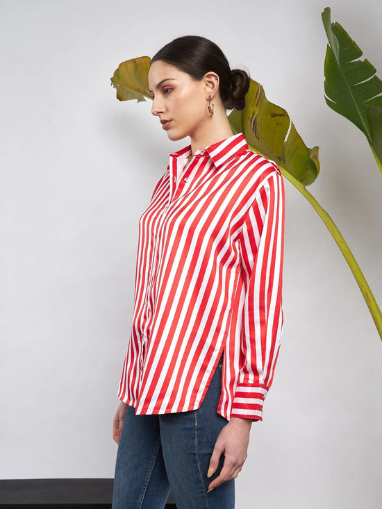 Women Red & White Satin Striped Shirt