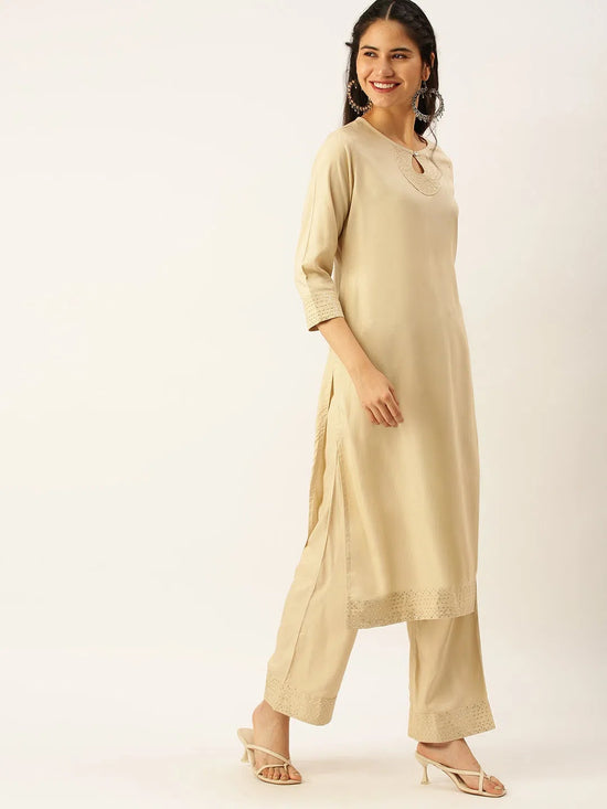 Women's Beige Solid Kurta Sets-NJ-3242638-Beige