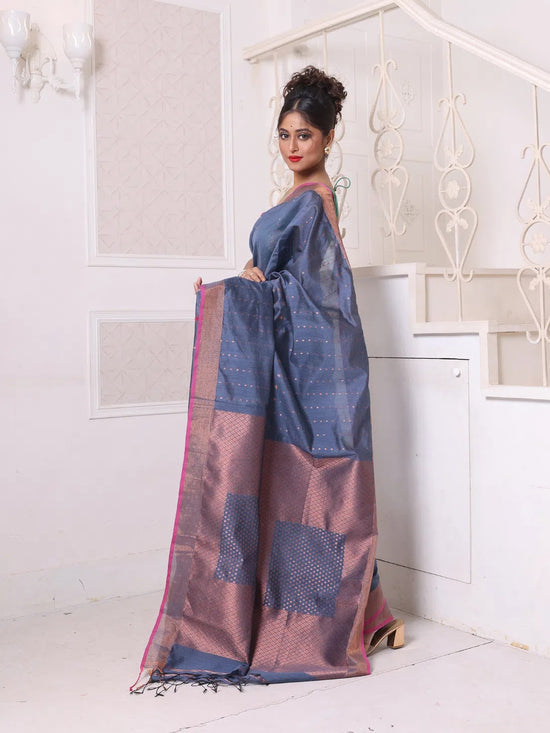 All Over Zari Weaving Grey Cotton Saree With Zari Borders-MA64BCT401380030