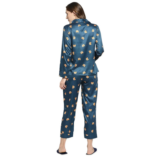 Smarty Pants Women's Silk Satin Teal Blue Color Teddy Print Full Sleeves Night Suit