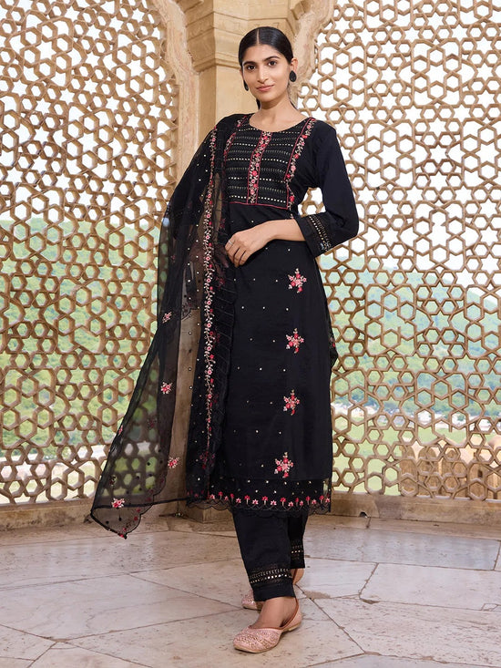 Ahika Women Black Silk Blend Solid Embroidered Straight Kurta Trouser With Dupatta-PKSKD2630