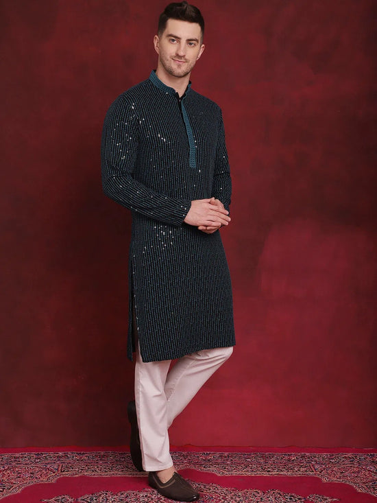 Men's Sequins Chikankari Embroidered Kurta with Pyjama.-JOKP-P-5024Peacock