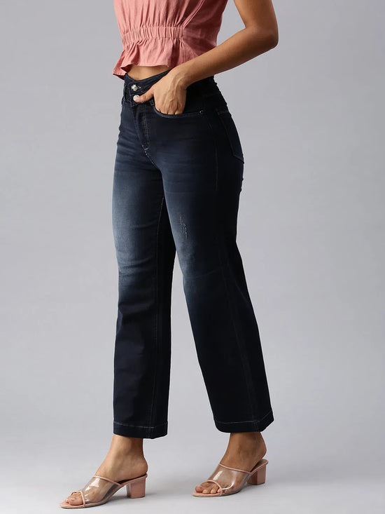 Women's Navy Blue Solid Wide Leg Denim Jeans-IM-9867-Navyblue