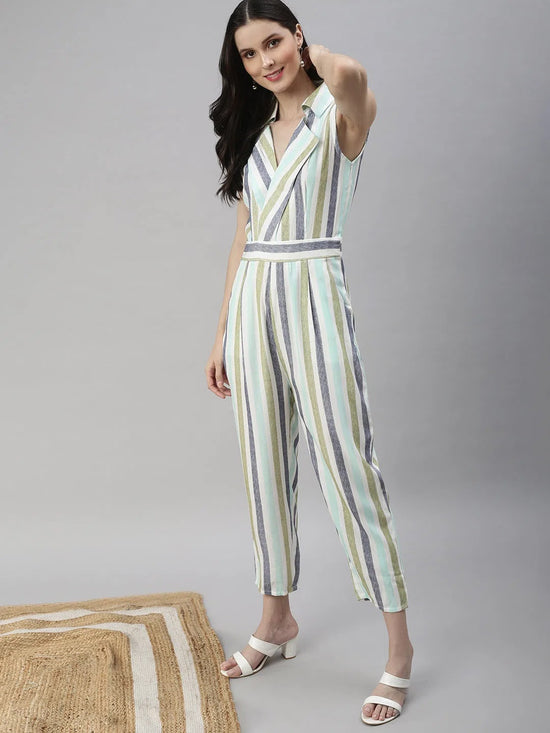 Women's White Striped Jumpsuit-AE-9998-White