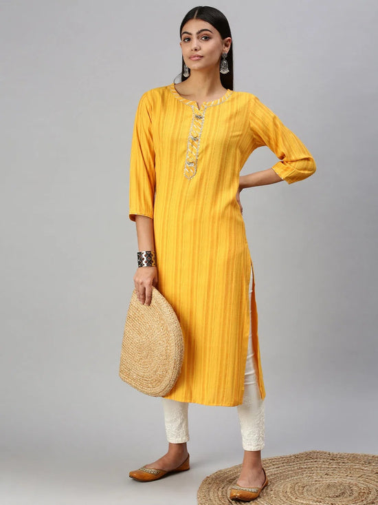 Women's Yellow Striped Straight Kurta-HO386-Yellow