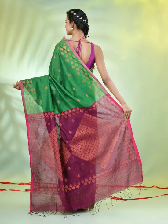 Green Cotton Saree With Geomatric Patterns-MA66BCT43830035