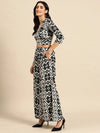 Overlap tie up crop top with flare pants in Black and Cream Ikkat Print