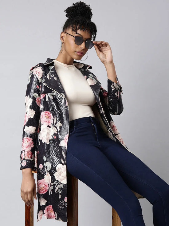 Women Floral Longline Black Trench Coat-246-Black