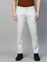 Genips Men's Off White Cotton Stretch Caribbean Slim Fit Solid Trousers Blue