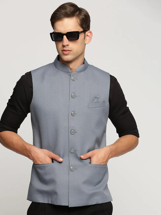 Men Grey Mandarin Collar Solid Nehru Jacket-AK-12527-26-Grey