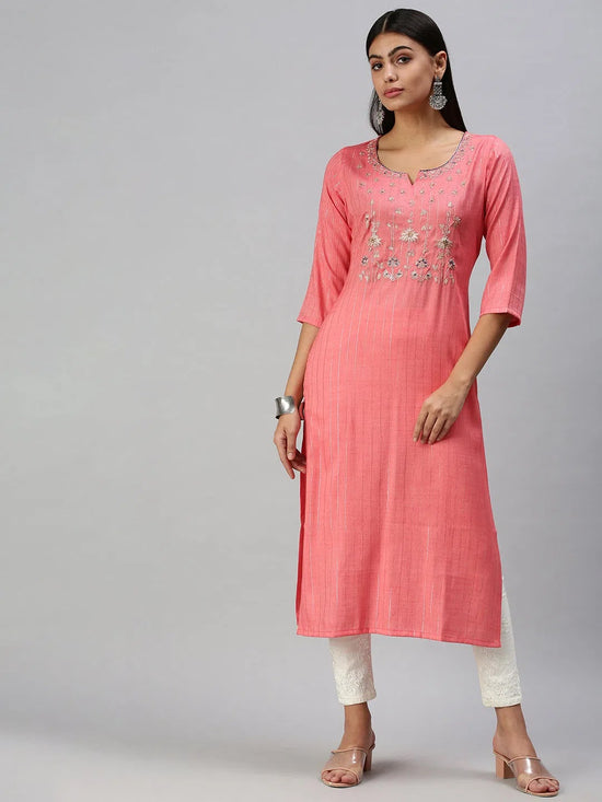 Women's Pink Printed Straight Kurta-SKC3189-Pink