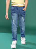 Tales & Stories Blue Solid Denim Joggers For Boys