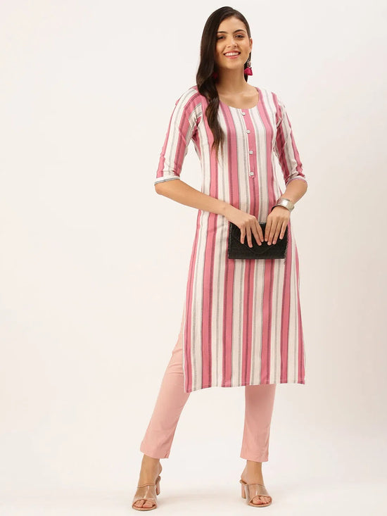 Women's Pink Striped Straight Kurta-SKC-3235-Pinkwhite