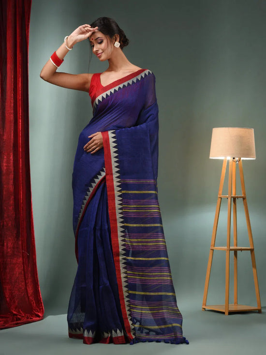 Blue Silk Linen Handwoven Saree With Temple Border-MA50SLN061100095