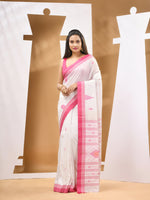 Baby White Cotton Handwoven Soft Saree With Texture Motifs-MA53CT041490069