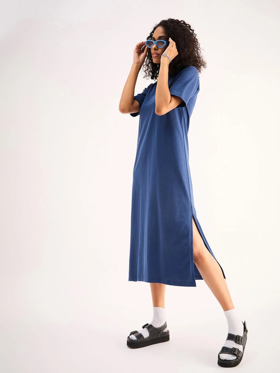 Women Navy Oversized Collar T-Shirt Dress