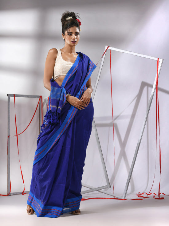 Blue Cotton Saree With Stripes Pallu-MA55CT06520028