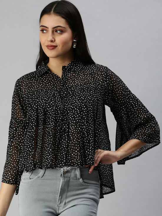 Women's Black Polka Dots Top-AE-7014-Blackwhite