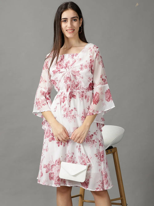 Women's White Printed Fit and Flare Dress-EA-1001-Whitemauve