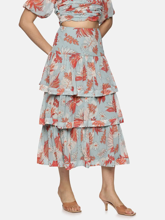 Floral Light Blue Tiered Skirt-17376