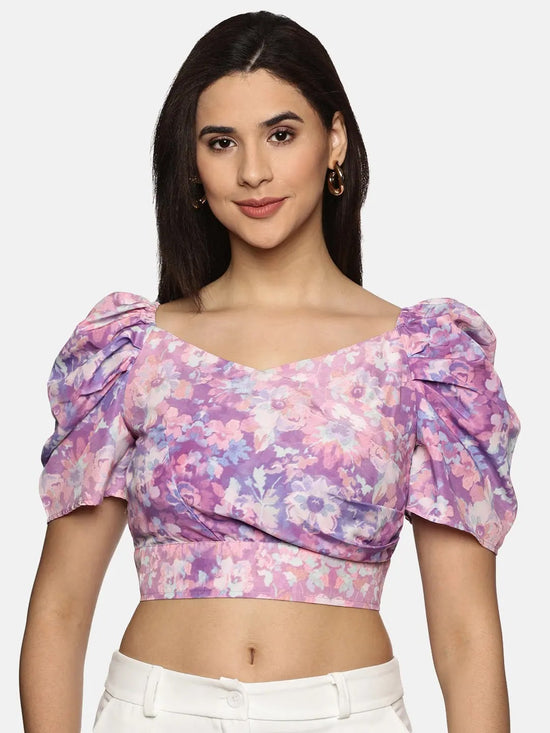 Floral Purple Wrap Crop Top-17343