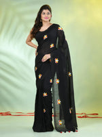 All Over Thread Embroidery Black Cotton Handspun Saree-MA62CH33660050