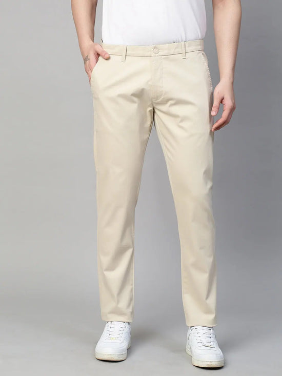 Genips Men's Cotton Stretch Caribbean Slim Fit Cream Color Solid Trousers