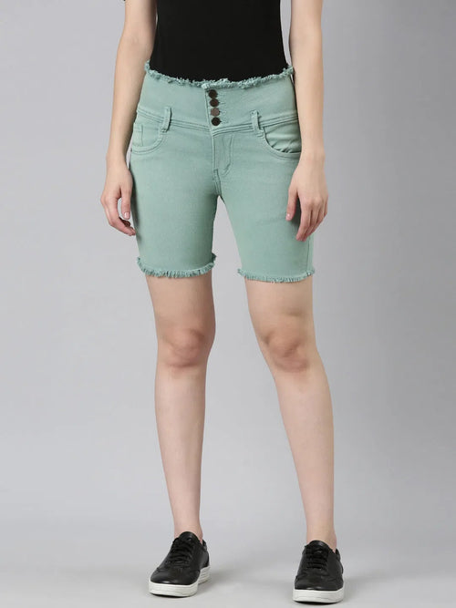 Women Sea Green Solid Denim Shorts-LT-S-102230-Seagreen