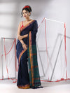 Navy Blue Cotton Saree With Stripes Zari Pallu-MA55CT06520101