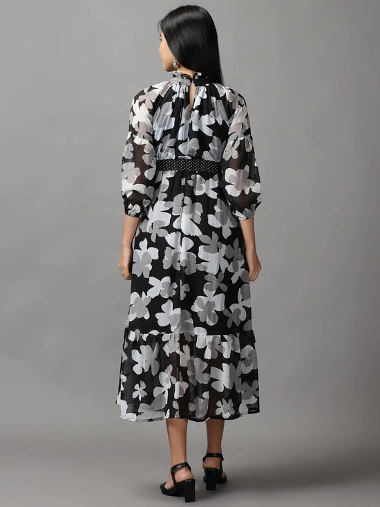 Women's Black Floral Fit and Flare Dress-AE-15610-Black