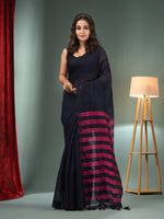 Black Cotton Blend Handwoven Saree With Stripes Pallu-MA50BCT06550049