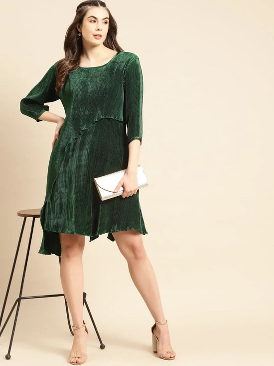 Flared asymmetric overlap dress in Green