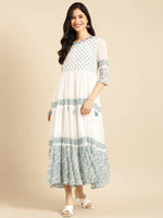 Women's White Printed A-Line Kurta-ON-549-Whiteblue