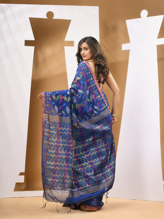 Blue Cotton Blend Handwoven Saree With Paisey Motifs-MA53BCT041400057