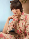 Women Beige Floral Side Tie Shirt With Ruched Cargo Pants