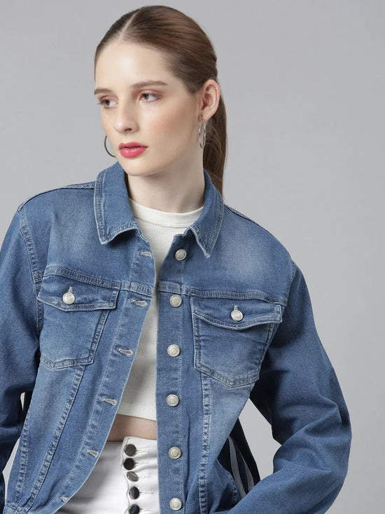 Women Blue Solid Denim Jacket-IM-10478A-Blue