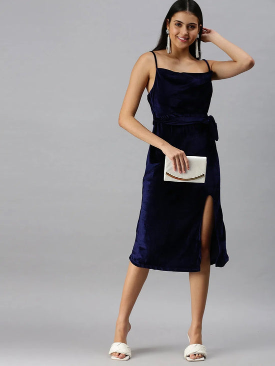 Women's A-Line Cowl Navy Blue Solid Dress-AE-9879-Navyblue