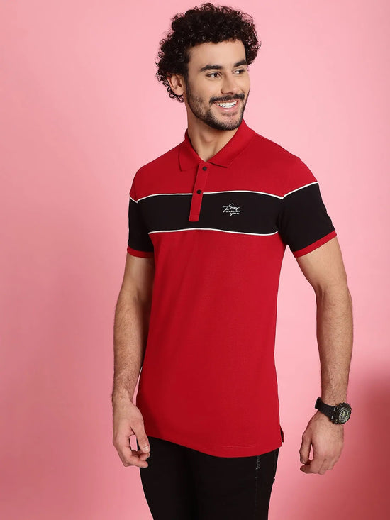 Venitian Men Printed Polo Neck Cut And Sew Cotton Red T-Shirt