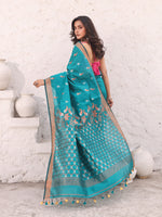 Teal Cotton Saree With Zari Border-MA54BCT041380031