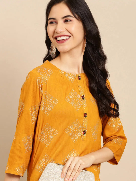 Women's Yellow Printed Straight Kurta-GW-1507-Mustard