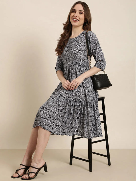 Women Navy Blue Ethnic Motifs Fit and Flare Dress-ON-002-Navyblue