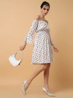 Women's A-Line White Printed Dress-AE-9887-Whitenavyblue