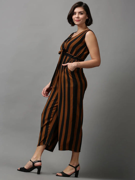 Women's Brown Striped Jumpsuit-AE-15647-Brown